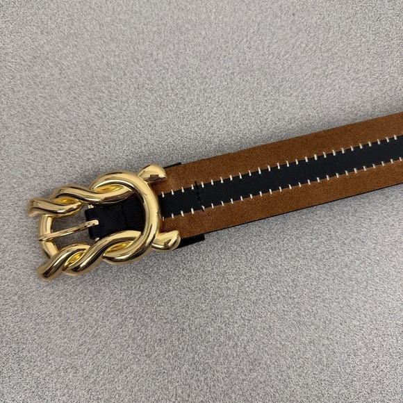 Cabi Leather Belt Womens Medium Gold Buckle Boho Classic Striped Stitched 1.5" - Picture 8 of 8